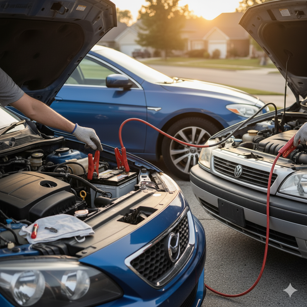 اتصال کابل باتری به باتری از یک خودروی سالم به خودرویی با باتری خالی